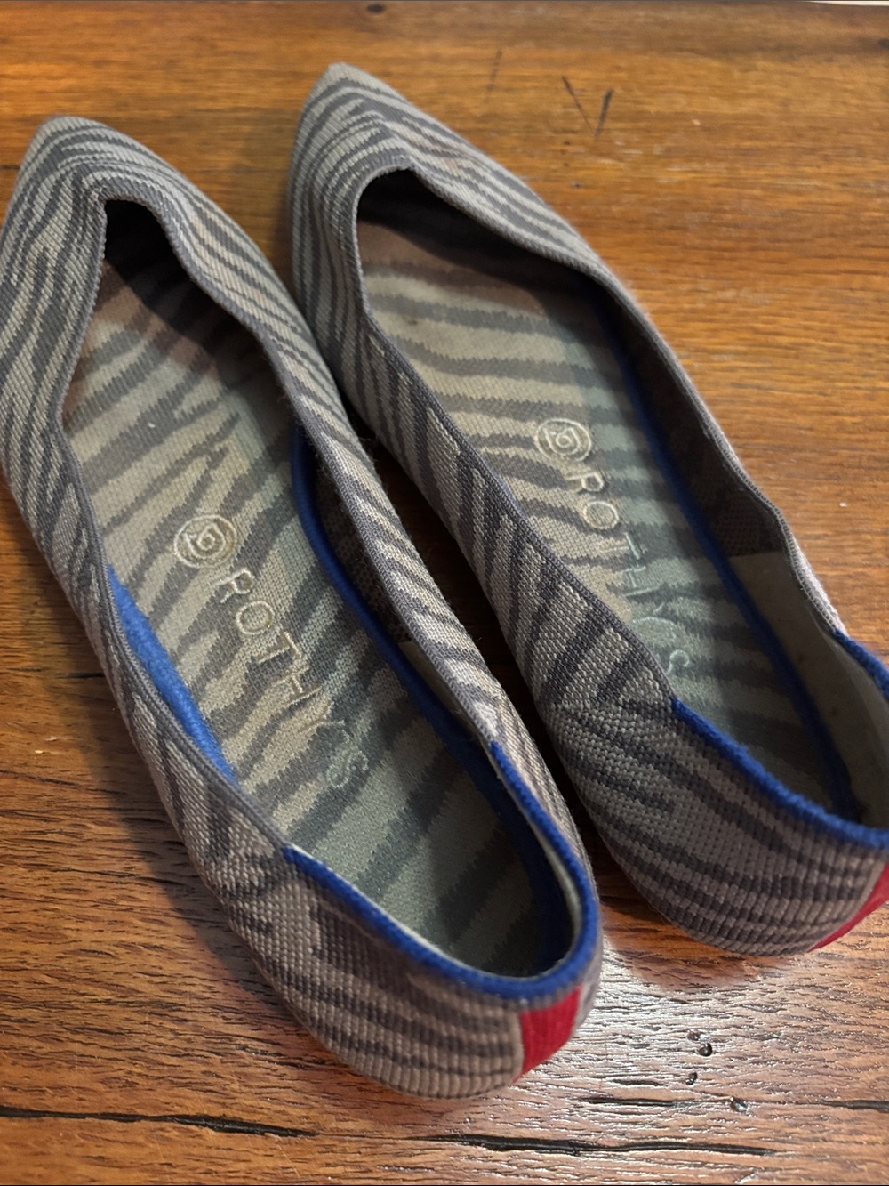 Rothy's Gray Zebra-Pattern Pointed Flats with Blue Stitching